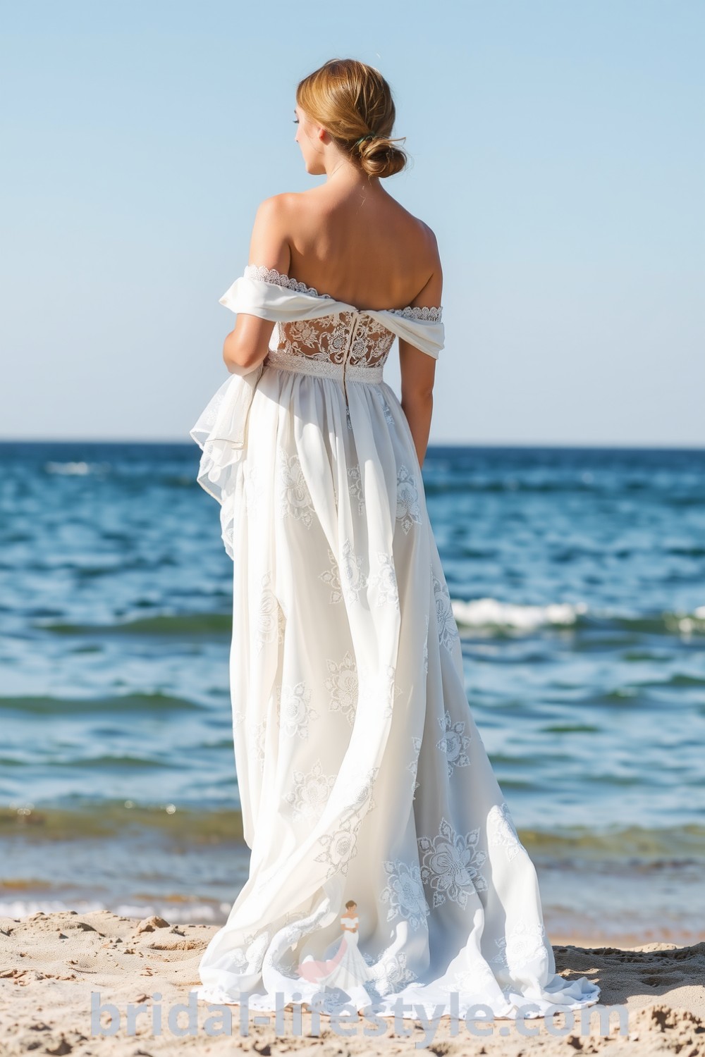 Boho beach wedding dress with ethereal lace, intricate floral patterns, off-the-shoulder silhouette, and chiffon layers, reflecting sunlight for a romantic look. bridal-lifestyle.com