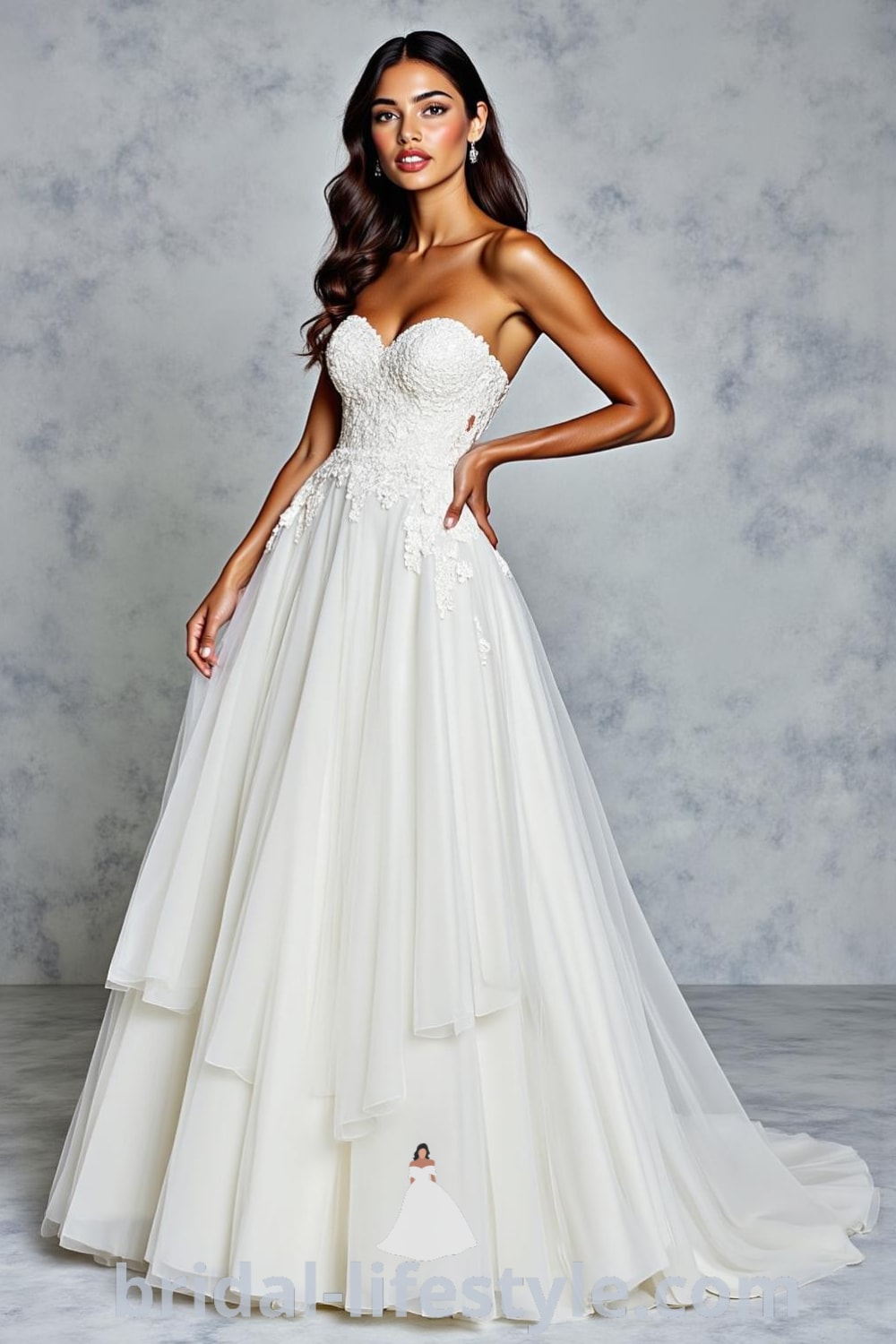 A stunning princess wedding dress with ethereal tulle layers, intricate lace appliqués on the bodice, a sweetheart neckline, and a delicate train. bridal-lifestyle.com