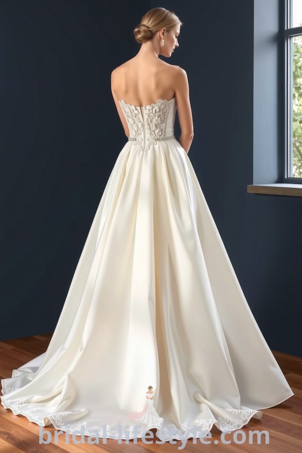 A-line wedding dress with sweetheart neckline, flowing satin skirt, delicate lace appliqués, and concealed back zipper. bridal-lifestyle.com