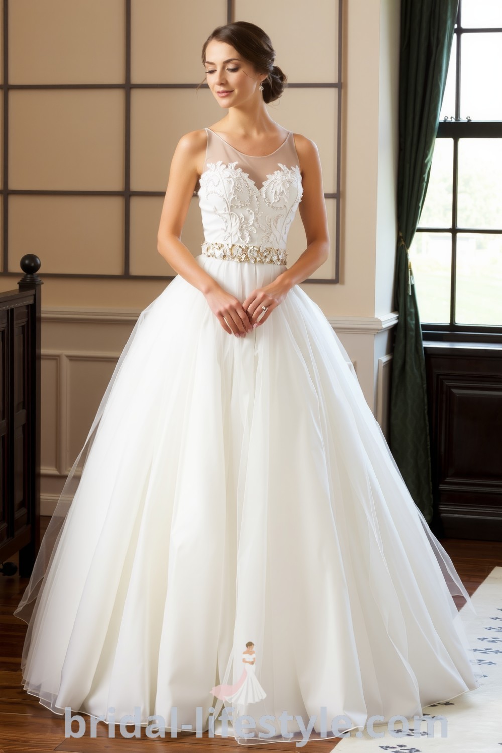 Elegant princess ballgown wedding dress with satin bodice, lace appliqués, and voluminous tulle skirt, featuring a beaded waistline for a whimsical look. bridal-lifestyle.com