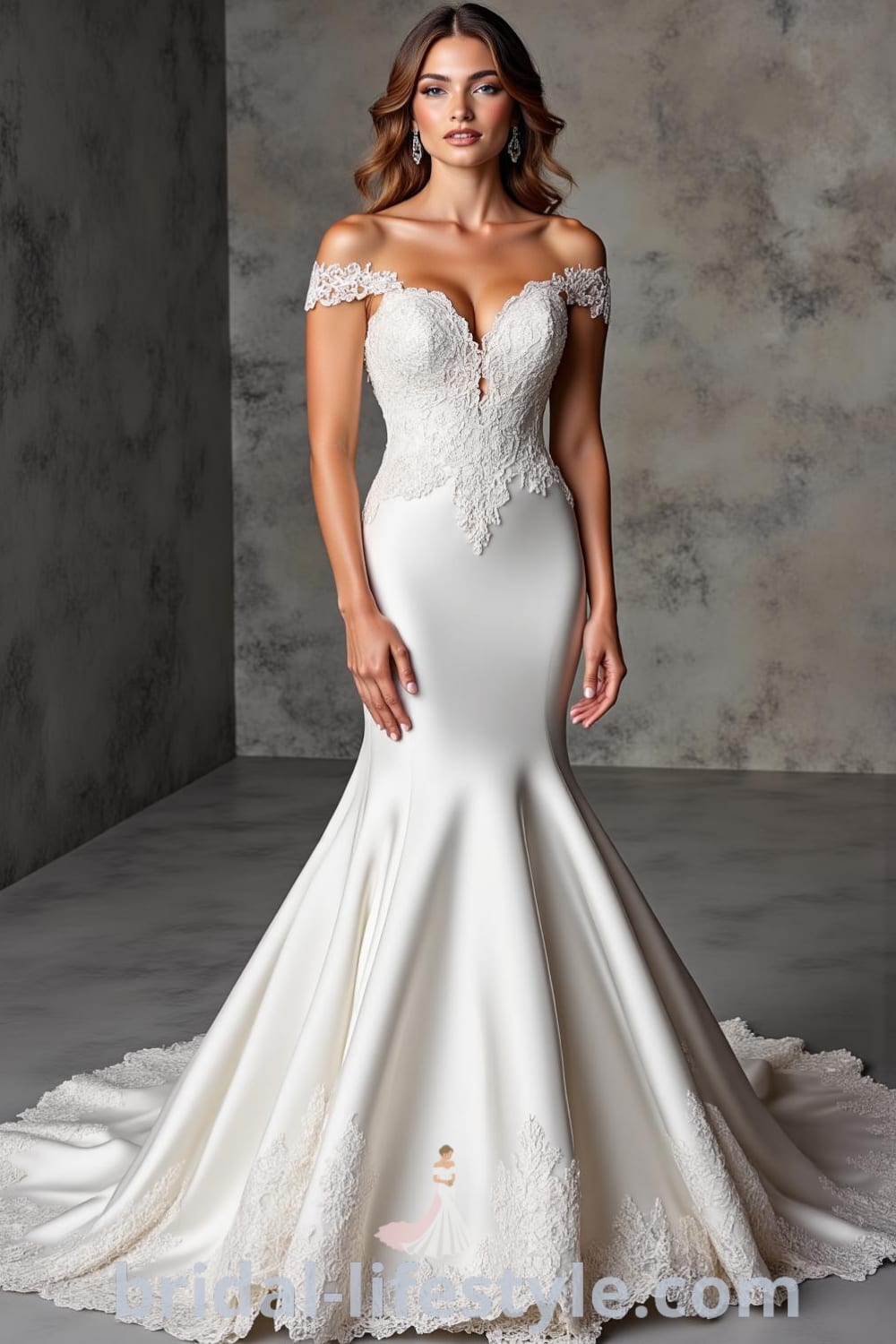 Mermaid wedding dress made of satin, featuring lace appliqués, sweetheart neckline, and off-the-shoulder straps. bridal-lifestyle.com