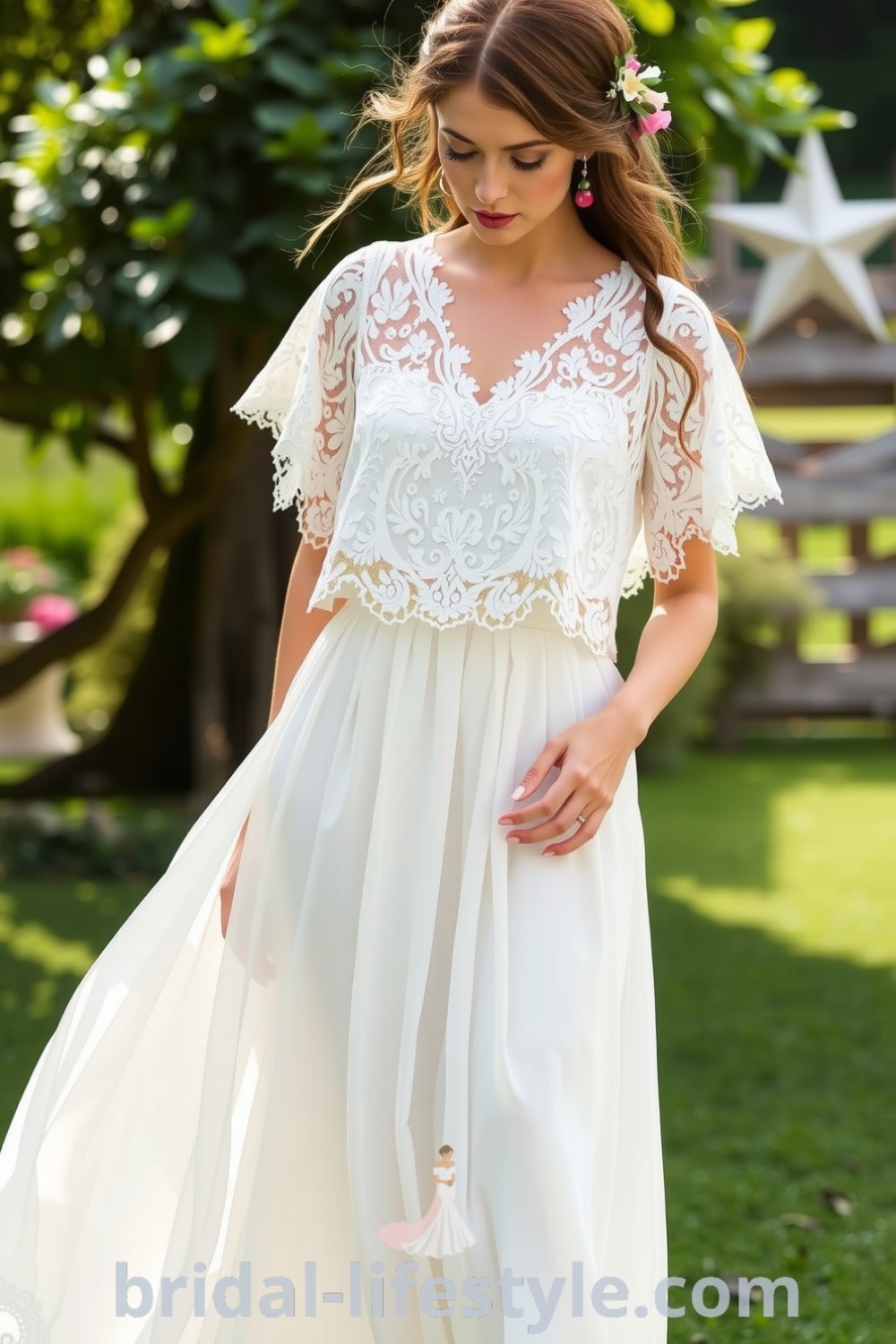 Delightful two-piece boho wedding dress with a flowing lace crop top and soft chiffon skirt, featuring intricate floral lace and a romantic silhouette for dreamy brides, inspired by the best aesthetic ideas for the special day. bridal-lifestyle.com