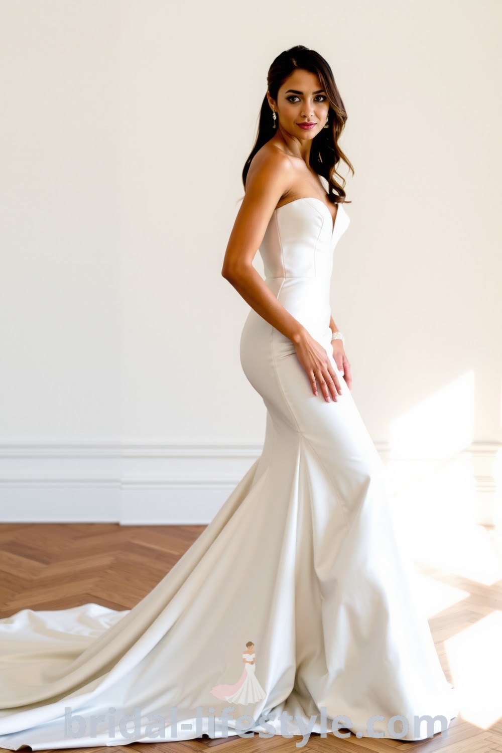 Elegant mermaid satin wedding dress featuring a sleek fit that hugs the bride