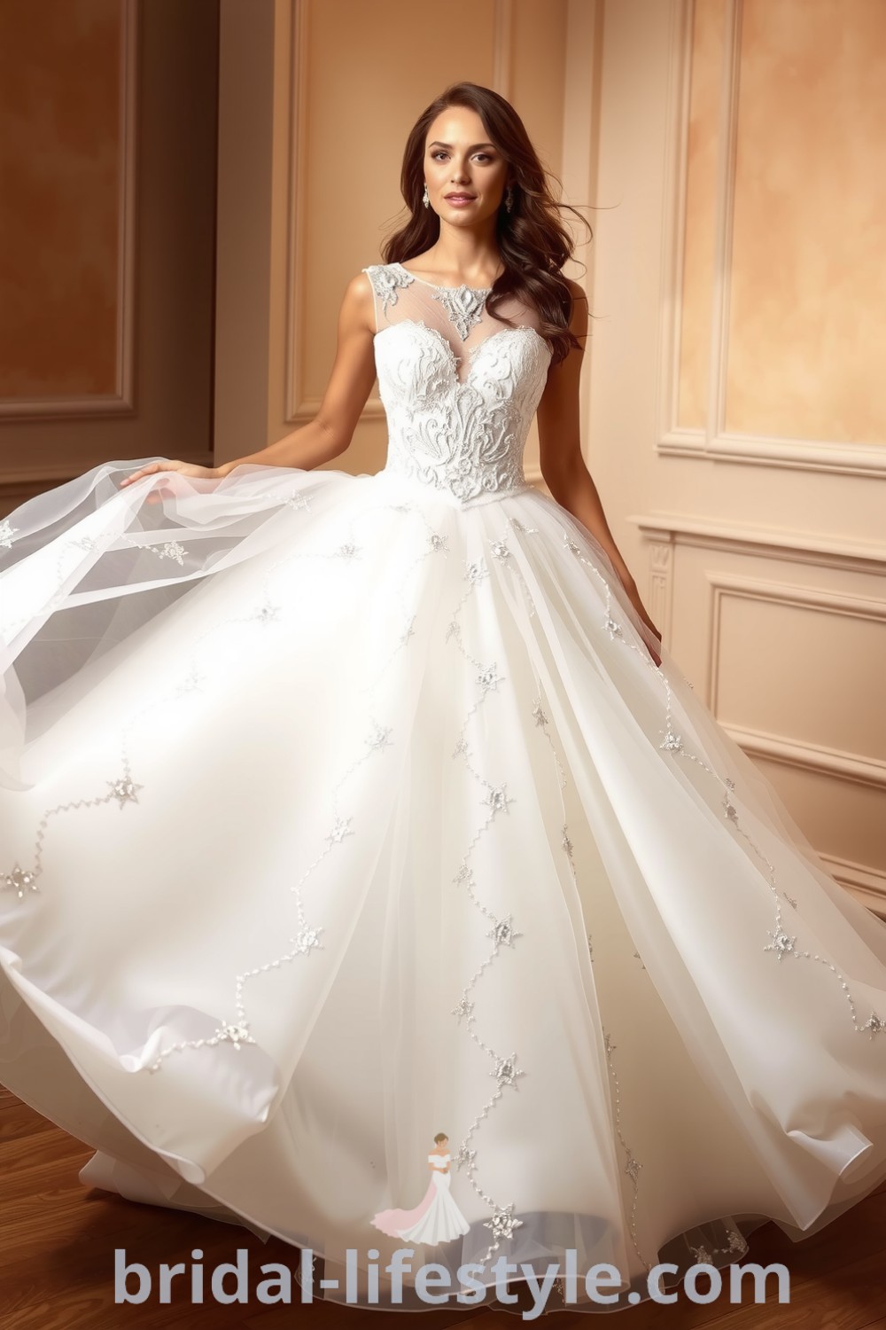 Enchanting princess bride glitter dress with glowing tulle layers, intricate lace detailing, and scattered glitter embellishments. Perfect for dreamy brides seeking elegant inspiration for their special day. bridal-lifestyle.com