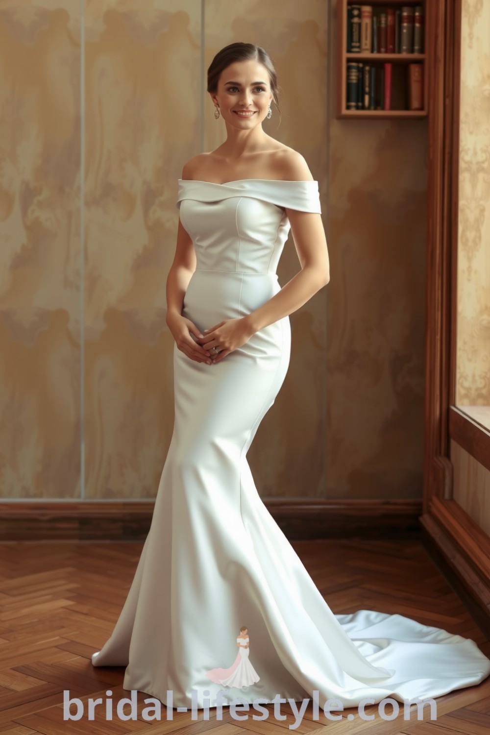Elegant satin mermaid wedding dress with a smooth silhouette, off-the-shoulder neckline, and a subtle train, showcasing a romantic and timeless design for dreamy brides. bridal-lifestyle.com