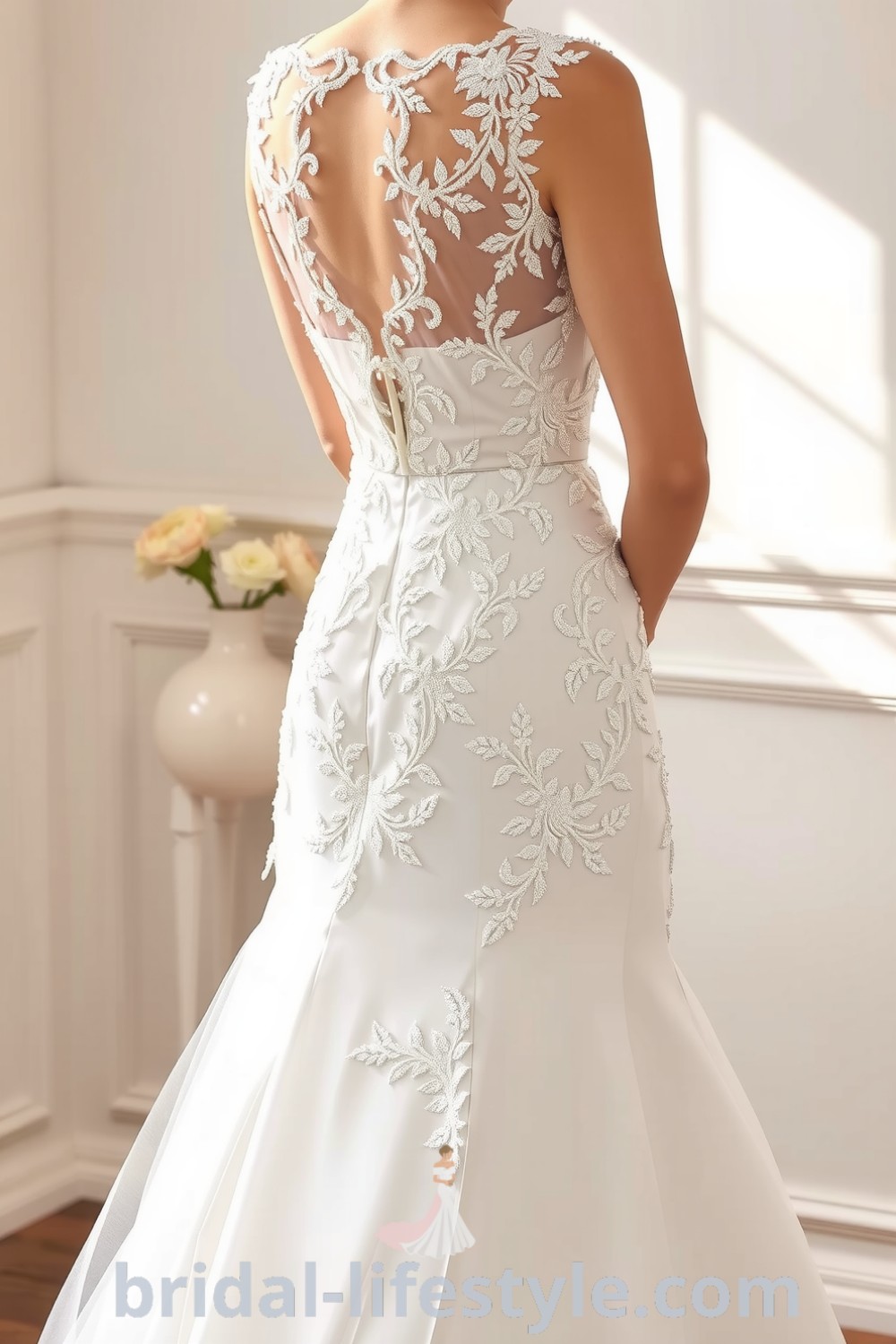 Fit and flare wedding dress adorned with beaded lace, cascading bodice, and a flared skirt enhancing graceful movement. bridal-lifestyle.com