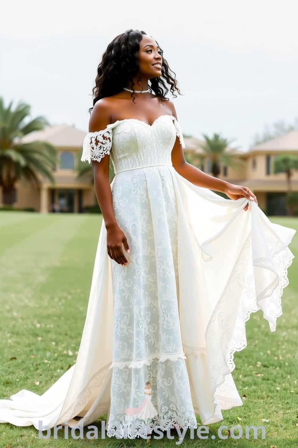 Elegant boho wedding dress with off-the-shoulder sleeves, intricate floral lace pattern, and tiered hemline, perfect for dreamy brides seeking inspiration for their special day. bridal-lifestyle.com