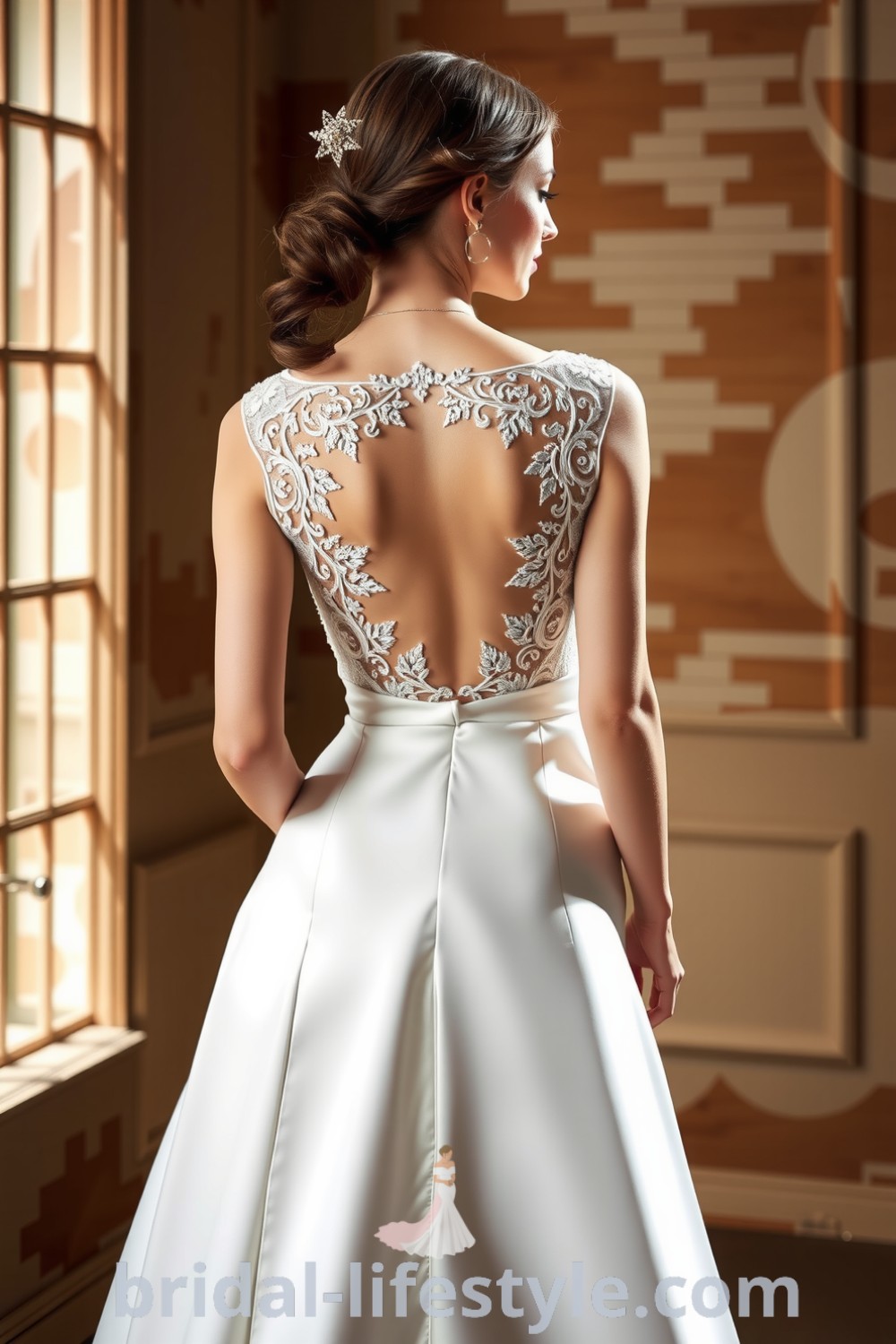 Fit and flare wedding dress made of luxurious satin, featuring an open back with intricate lace detailing, elegantly draping to enhance the silhouette. bridal-lifestyle.com
