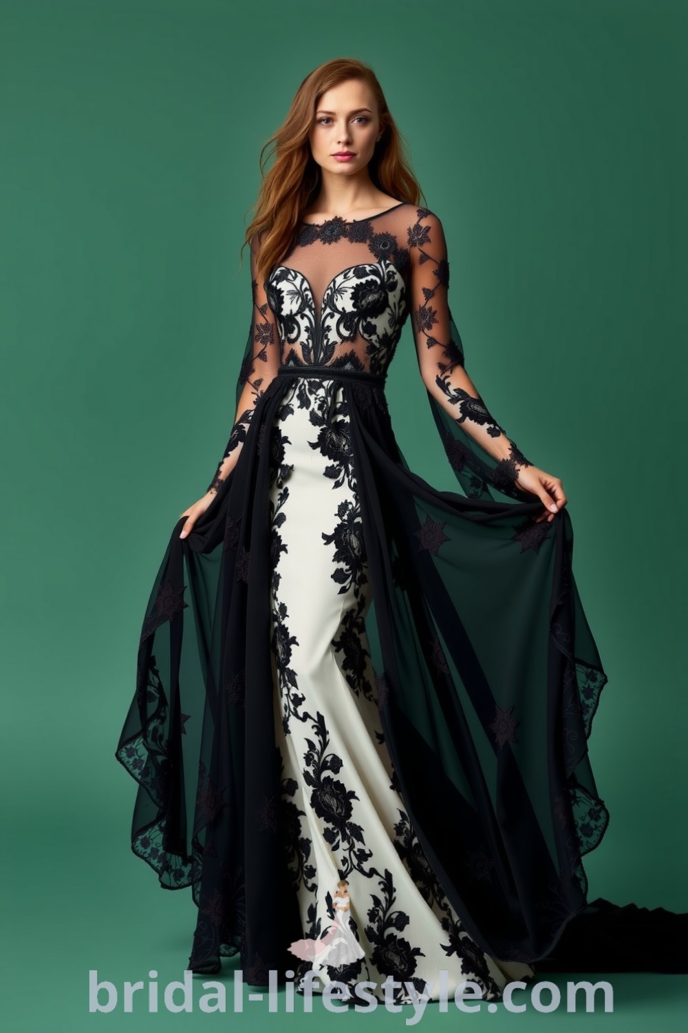 A stunning black boho wedding dress made of luxurious lace with floral motifs, long sheer sleeves, and a cinched waist creating a billowing skirt. bridal-lifestyle.com