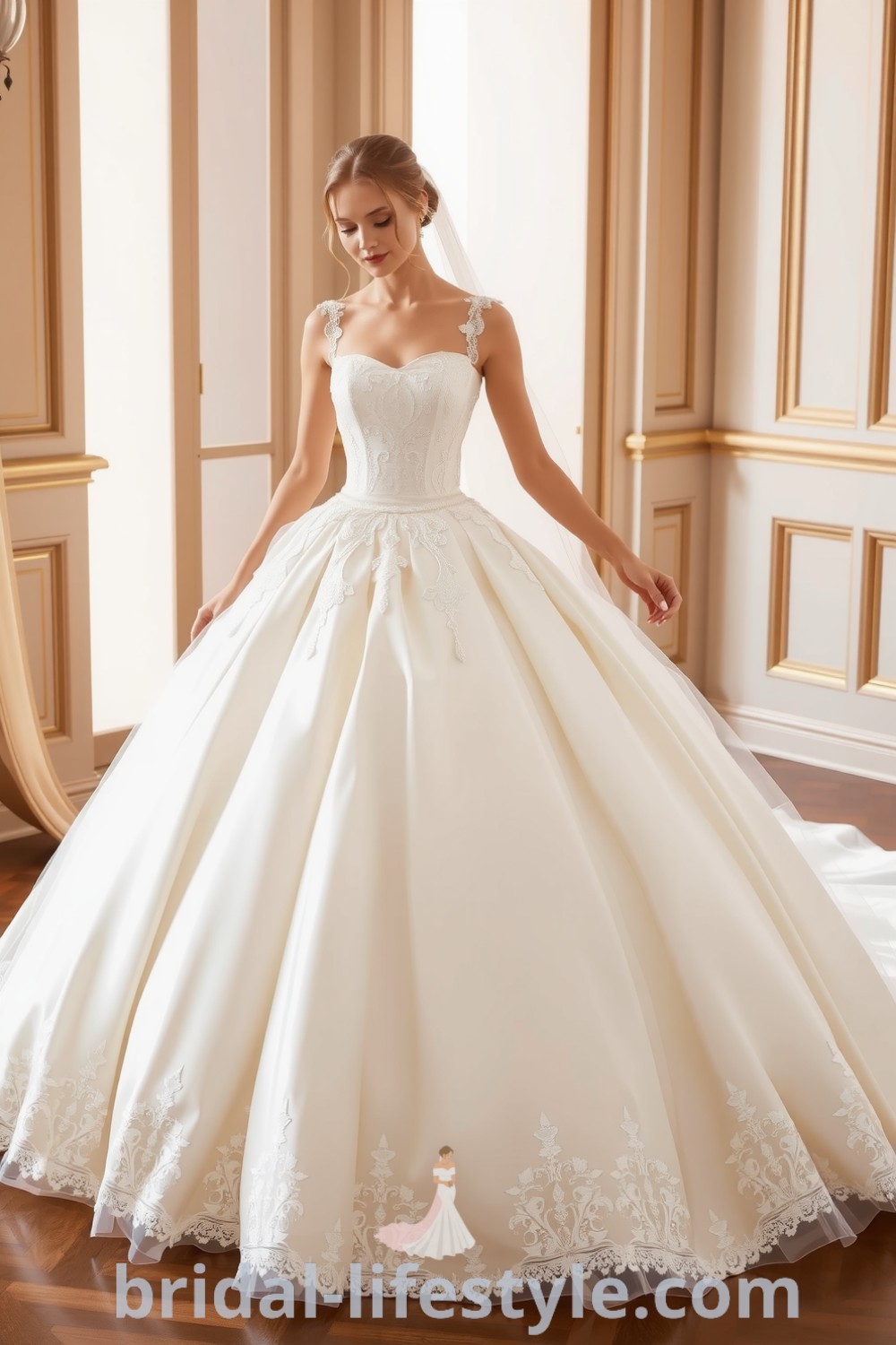 Elegant satin ballgown with a voluminous skirt, delicate tulle layers, intricate lace appliqués on the bodice, and a sweetheart neckline, perfect for dreamy brides. bridal-lifestyle.com