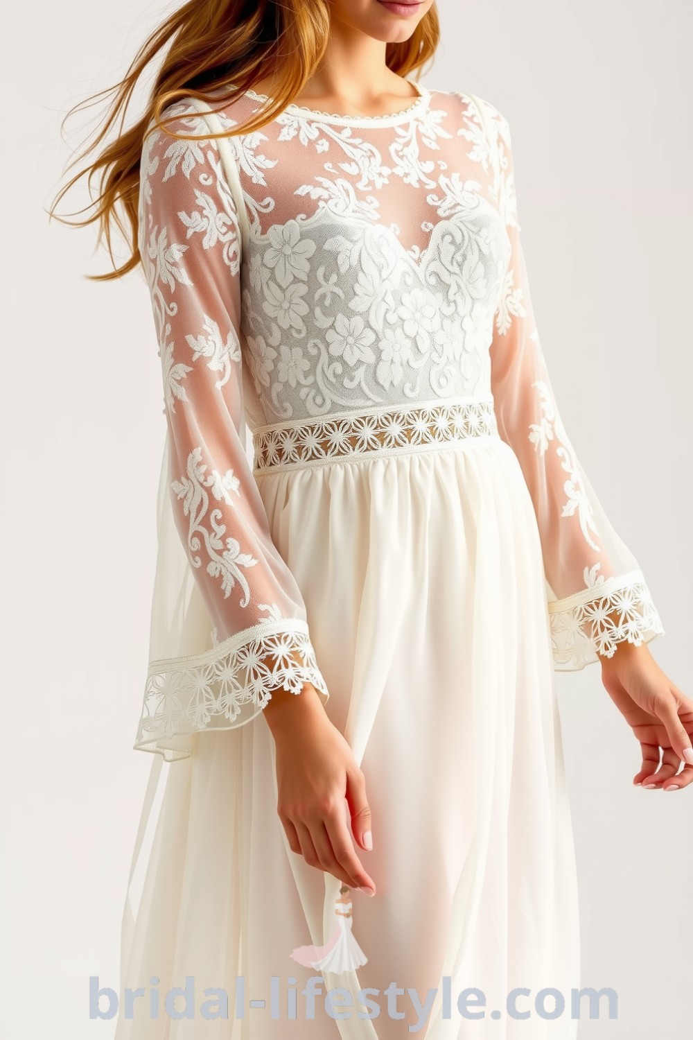 Whimsical two-piece wedding dress with a lace top featuring floral patterns, long flowing sleeves, and a layered chiffon skirt creating an elegant silhouette. bridal-lifestyle.com