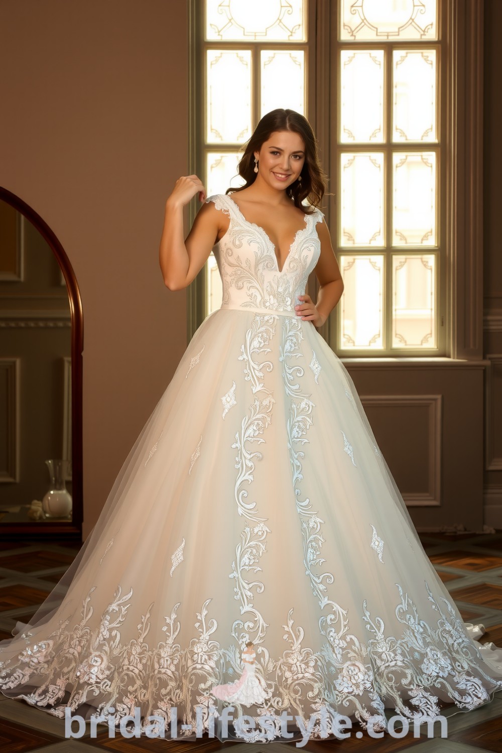 Elegant bridal gown with sequins and lace bodice, flowing tulle skirt, and cap sleeves, perfect for dreamy brides. bridal-lifestyle.com
