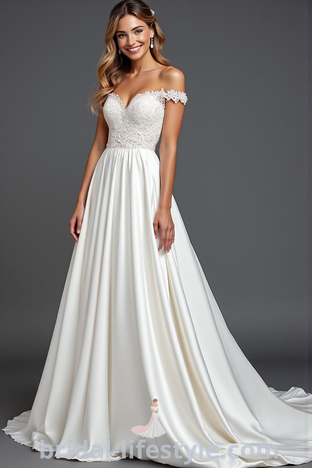 A stunning A-line wedding dress with an off-the-shoulder design, luxurious satin fabric, intricate lace appliqués on the bodice, and a flowing skirt. bridal-lifestyle.com