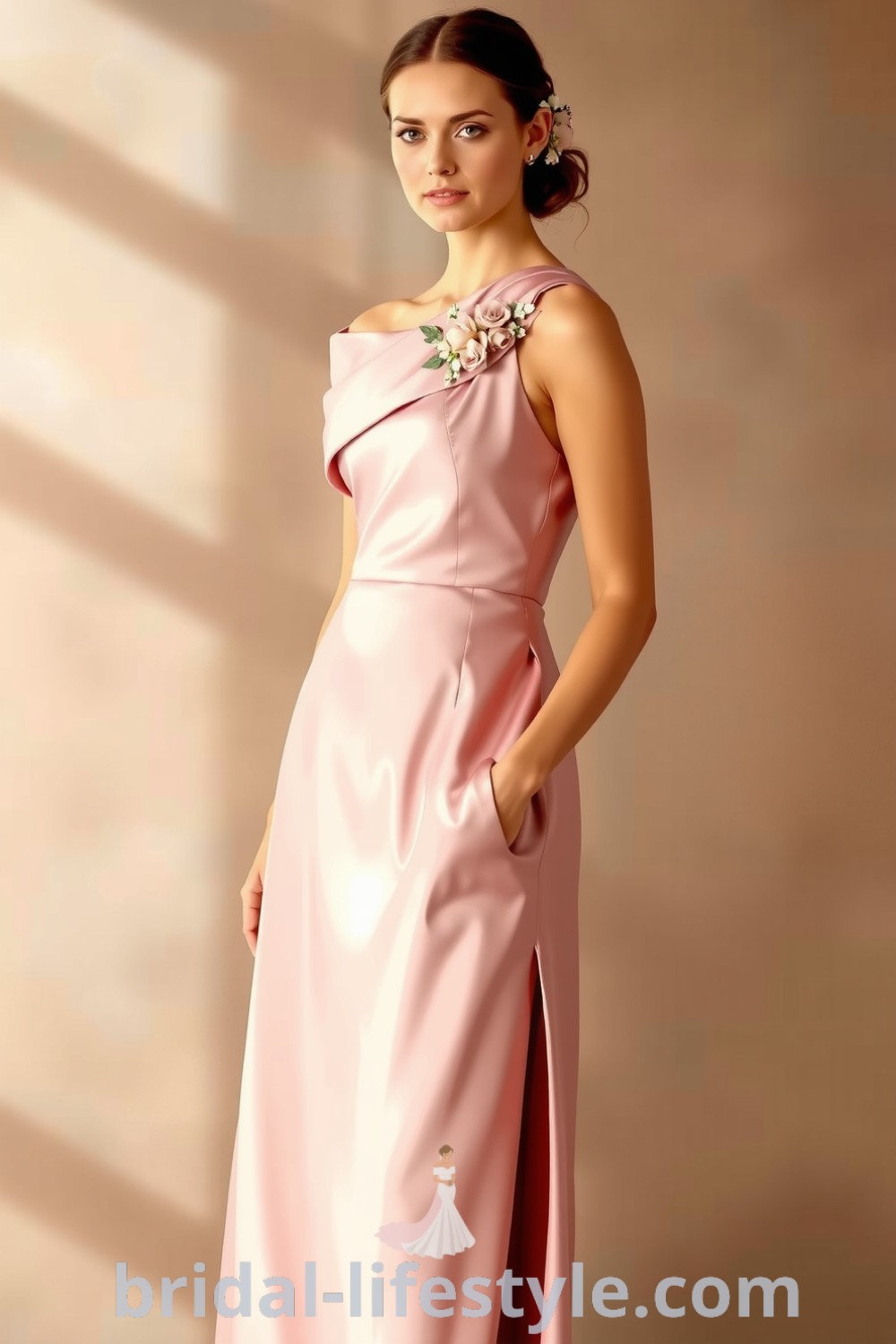 Elegant one-shoulder satin bridesmaid dress with a side slit, floral embellishment, and sophisticated silhouette, perfect for dreamy brides and inspiration looks for the special day. bridal-lifestyle.com