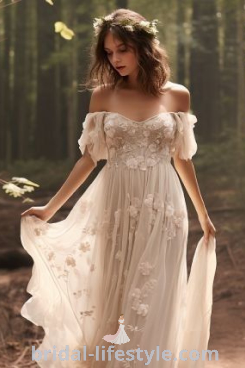 A woman in a white off the shoulder hippy wedding dress walking through the woods, showcasing an enchanting lace flowy style ideal for whimsical elopements and small forest weddings. This ethereal bridal gown embodies dreamy elegance, making it a perfect choice for every bride
