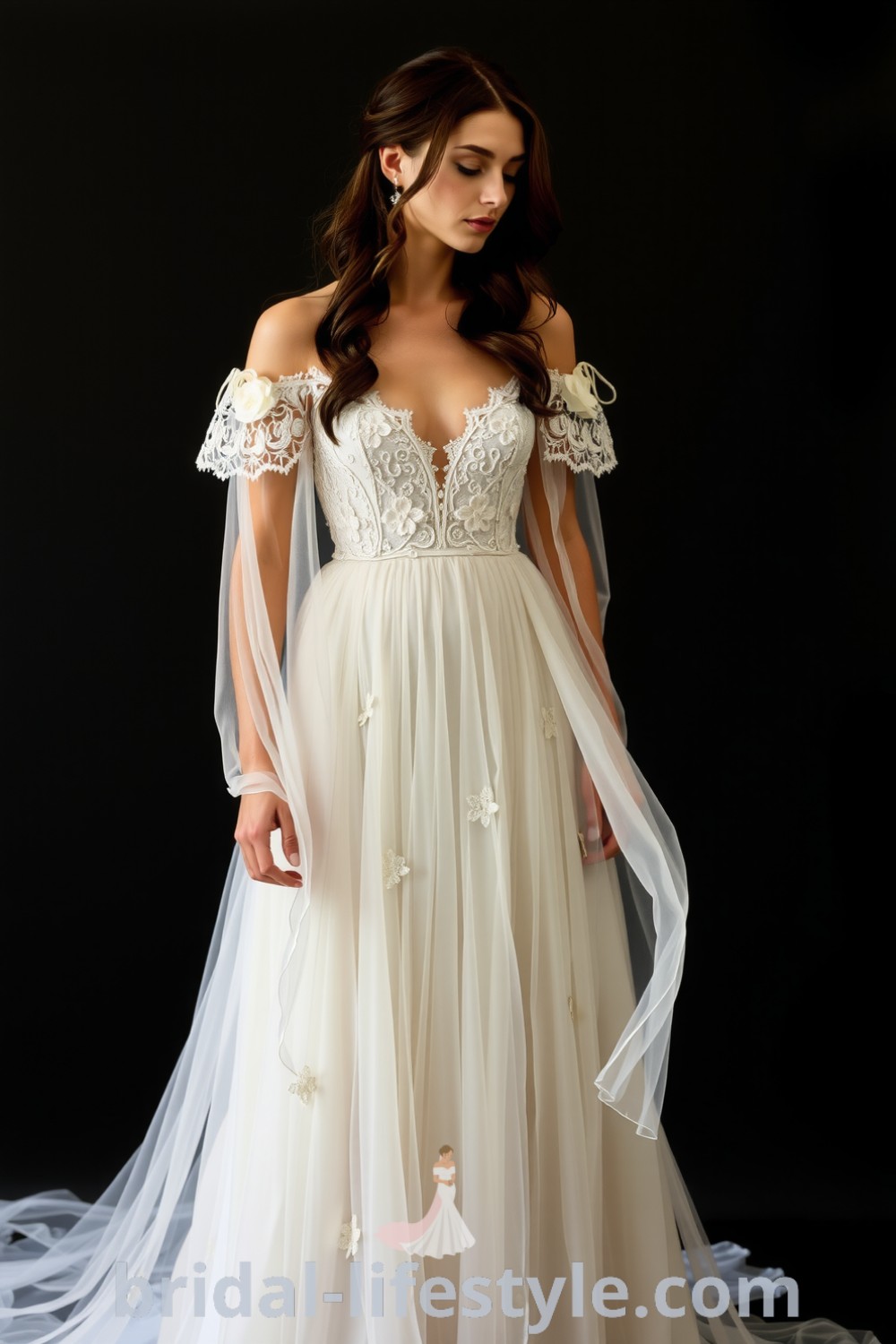 A dreamy boho wedding dress made of chiffon and lace with an off-the-shoulder neckline, flowing skirt, and floral appliqués, perfect for elegant brides seeking romantic aesthetic ideas for their special day. bridal-lifestyle.com