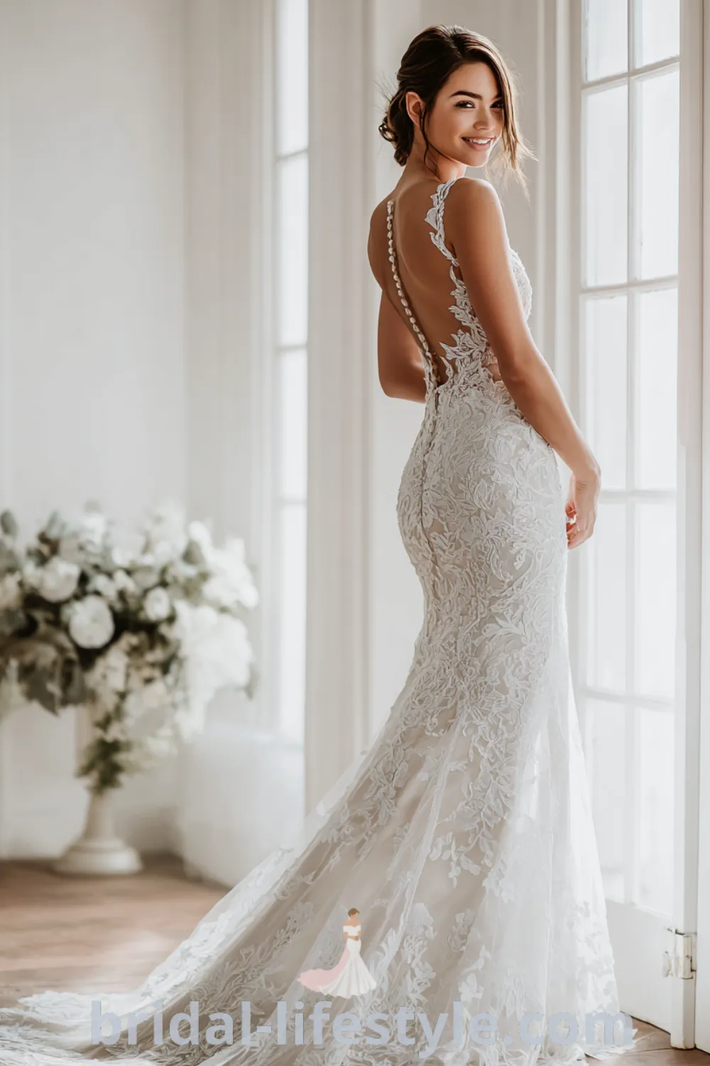 Mermaid lace wedding dress with floral motifs, fitted lace bridal gown, timeless bridal look, classic church ceremony.