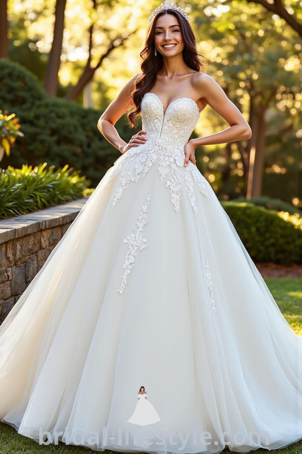 A stunning Princess Glitter wedding dress featuring shimmering tulle layers, a fitted bodice with lace appliqués, and sparkling embellishments. bridal-lifestyle.com