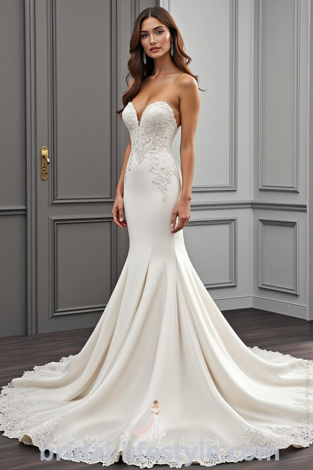 Strapless mermaid wedding dress made of luxurious satin, featuring a flattering silhouette, flare at the knees, intricate lace appliqués, and a timeless neckline. bridal-lifestyle.com