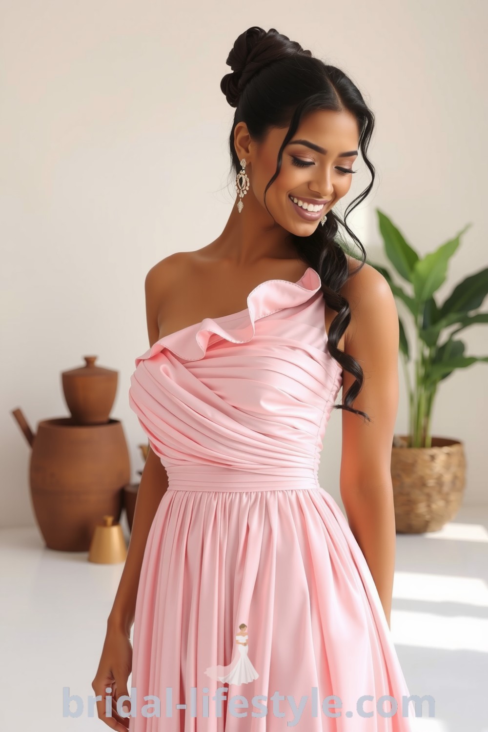One-shoulder pink bridesmaid dress made of satin with intricate pleats and a ruffled neckline, featuring an elegant silhouette for dreamy brides, perfect for the special day. bridal-lifestyle.com