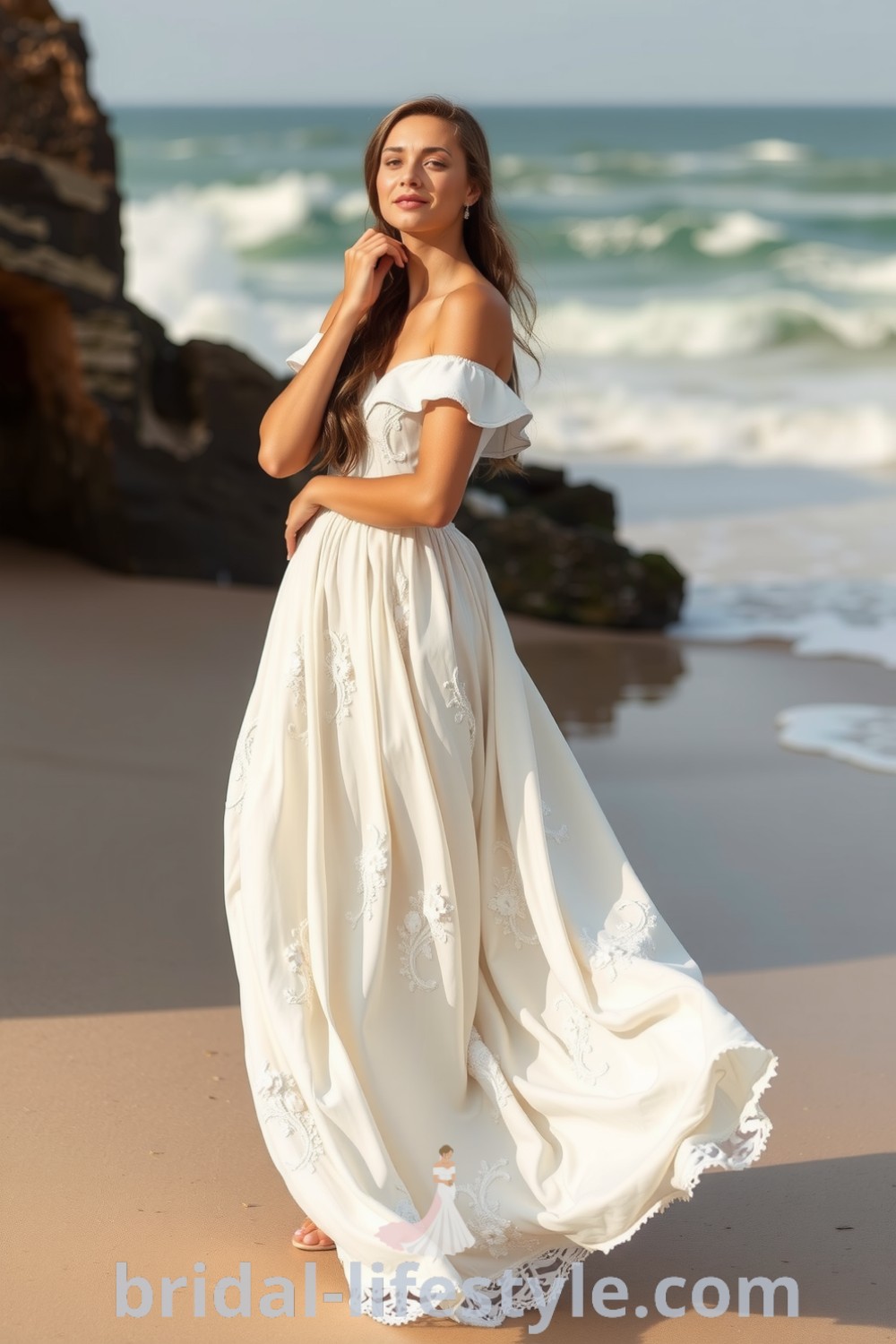 Elegant A-line boho beach wedding dress with floral appliqués, off-the-shoulder neckline, and lightweight lace fabric, ideal for dreamy brides seeking inspiration for their special day. bridal-lifestyle.com