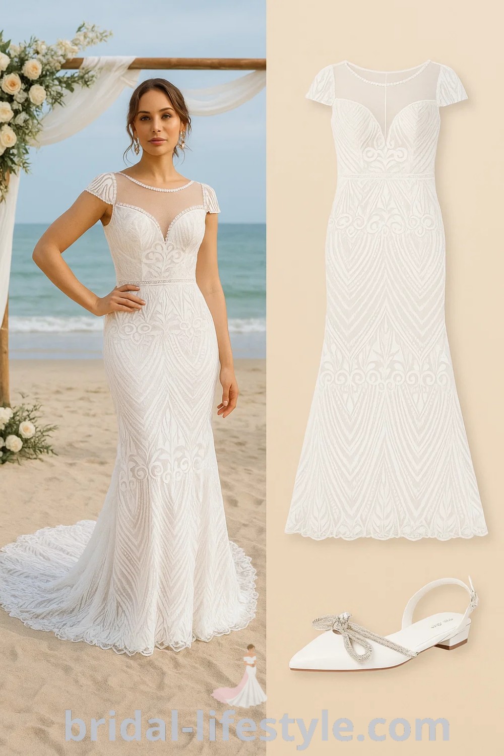 elegant white lace wedding gown with slingback shoes, perfect for boho weddings, beach ceremonies, and special occasions. Shop now at pinshoesoutfits.com.