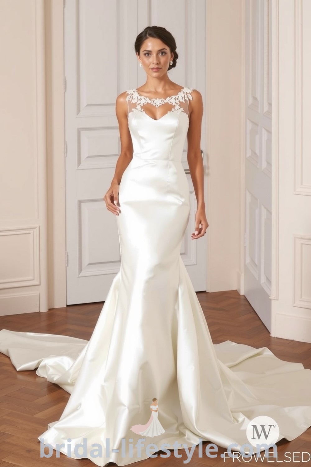 Elegant satin wedding dress with fit and flare silhouette, embroidered lace detailing, and sweeping train, perfect for dreamy brides seeking inspiration for their special day. bridal-lifestyle.com
