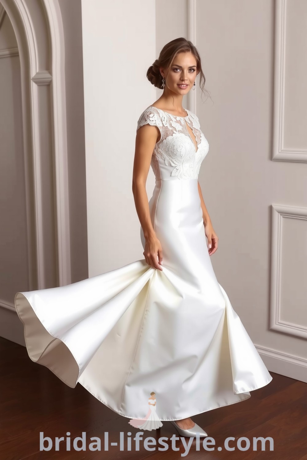 Mermaid-style wedding dress with satin fabric, lace detailing on the bodice, and sheer sleeves, featuring a playful hem. bridal-lifestyle.com