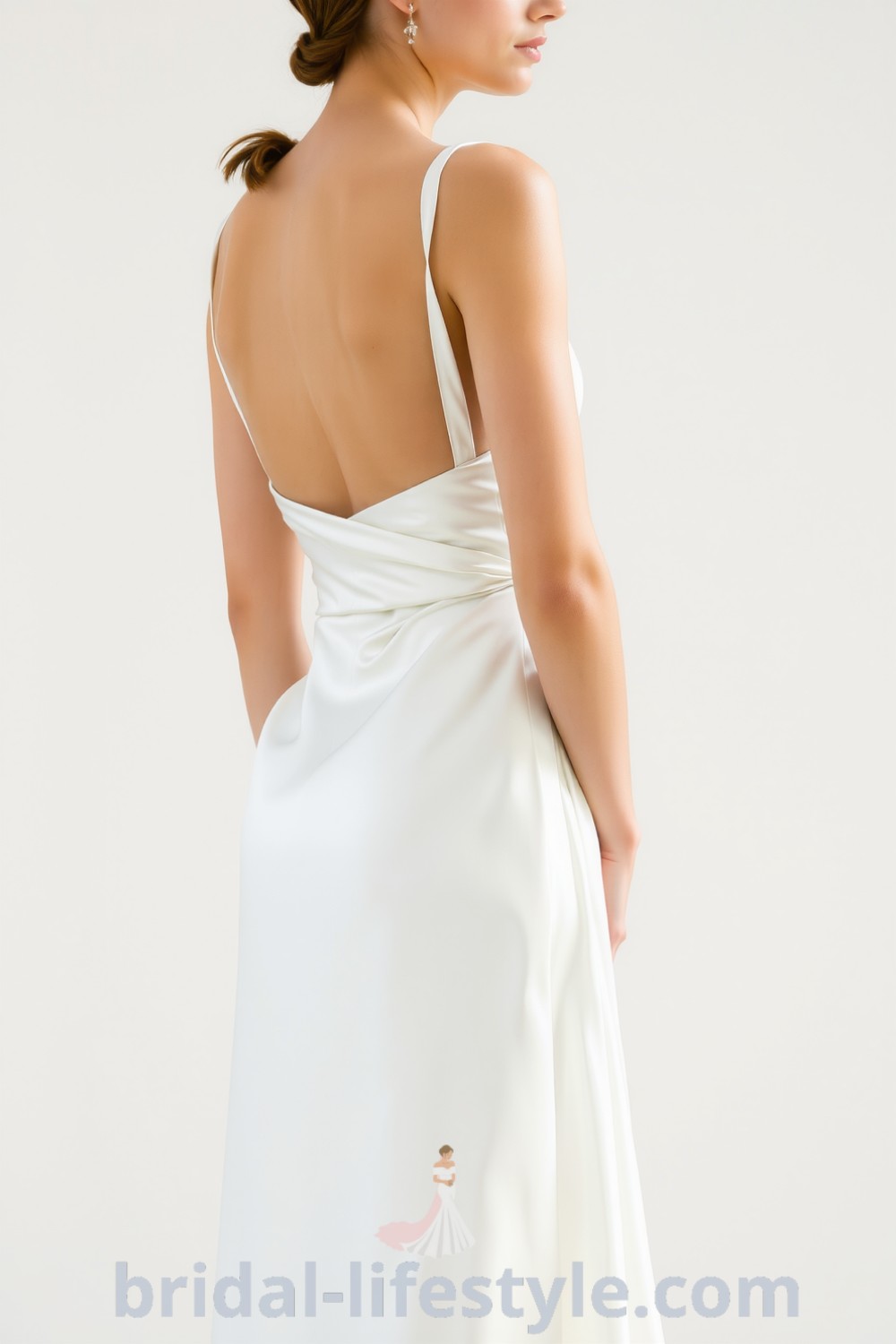A sleek, minimalist A-line wedding dress in soft ivory satin featuring a boat neckline and twist detail at the waist. bridal-lifestyle.com