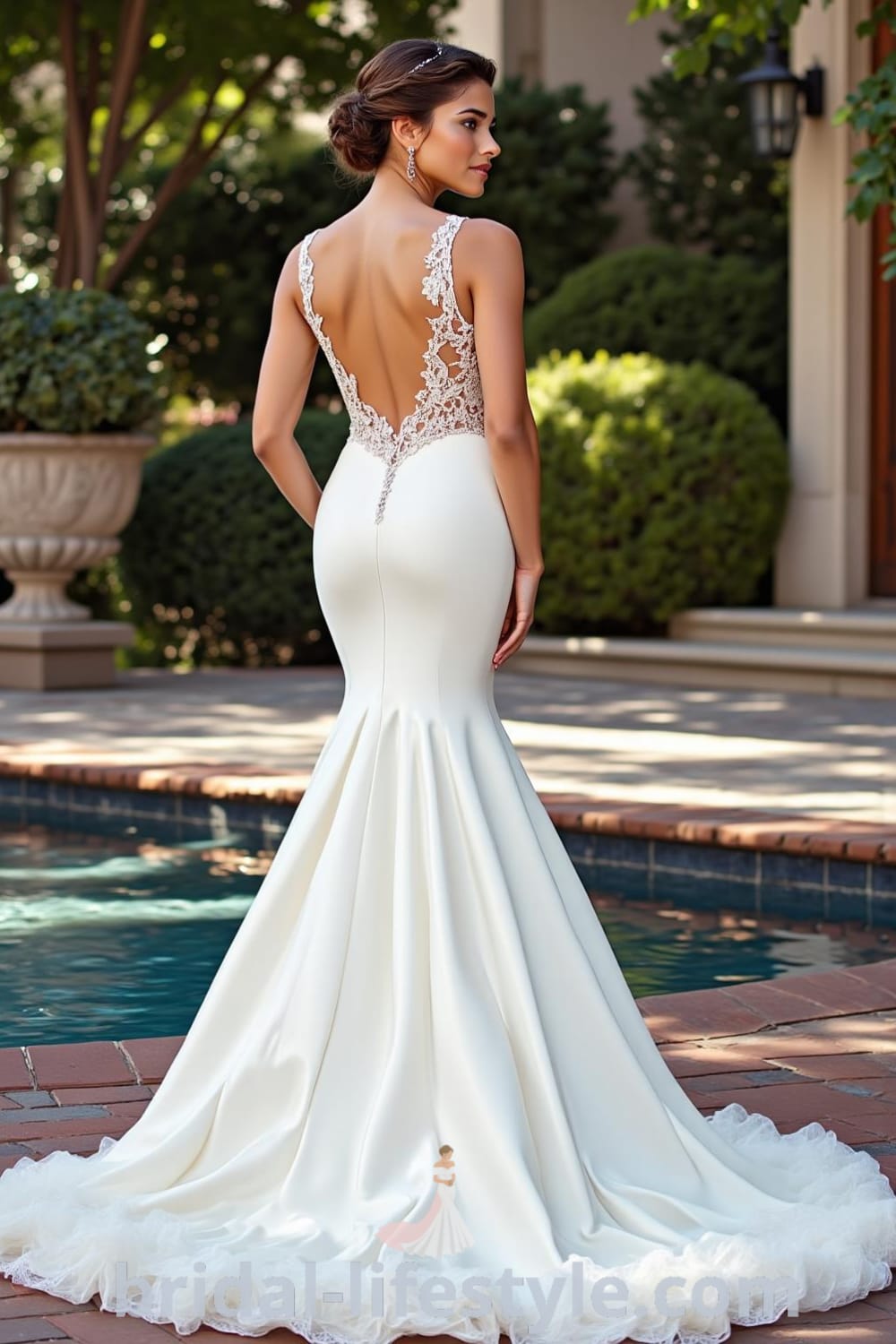 Mermaid wedding dress featuring luxurious satin, an open lace back, floral embroidery, and tulle ruffles at the hem, designed for an elegant bride. bridal-lifestyle.com