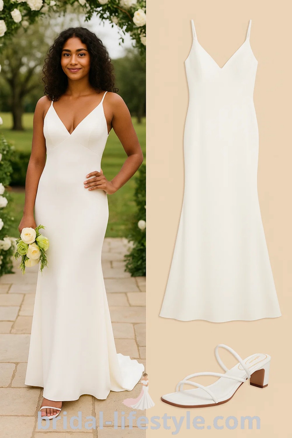 Fitted white satin Mermaid Simple dress with a v-neck, strappy block heel white shoes, and an elegant silhouette suitable for weddings and formal events, featuring keywords like corset wedding dress, whimsical bride, and more, available at pinshoesoutfits.com.