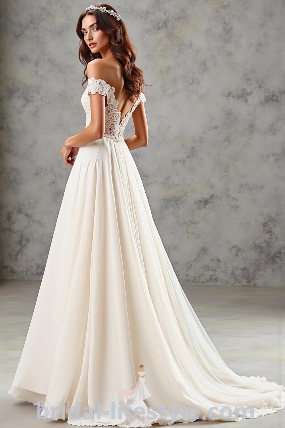A stunning A-line off-the-shoulder wedding dress with a satin skirt, intricate lace detailing, and delicate flutter sleeves, creating an elegant silhouette. bridal-lifestyle.com