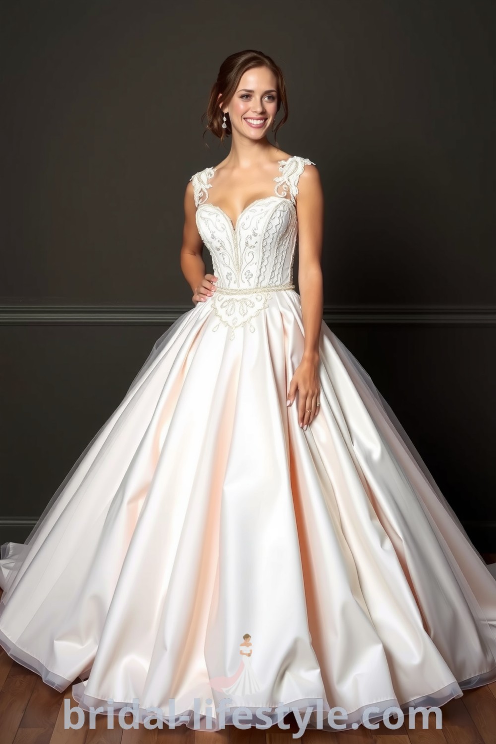 Romantic princess ballgown with satin and tulle layers, intricate lace appliqués on the bodice, and a voluminous skirt with pleating, ideal for dreamy brides. bridal-lifestyle.com