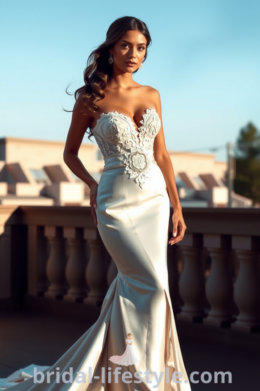 Fit and flare wedding dress with satin skirt, thigh-high slit, and intricate lace appliqués on the bodice, designed for a sophisticated bridal look. bridal-lifestyle.com