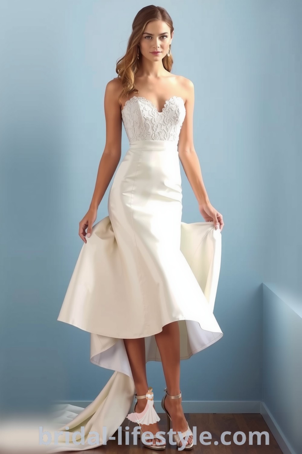 A stunning mermaid midi wedding dress in luxurious satin with lace appliqués, designed for classy brides seeking elegance and romance for their special day. bridal-lifestyle.com