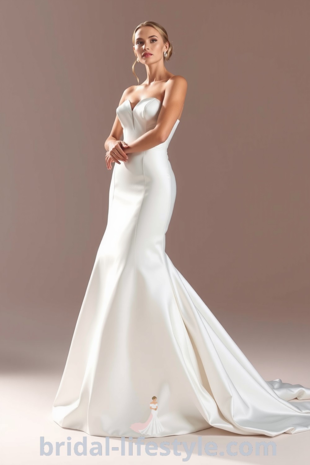 Mermaid wedding dress in luxurious satin with a sweetheart neckline and flared silhouette, featuring subtle seaming details for a romantic and elegant look, ideal for dreamy brides. bridal-lifestyle.com