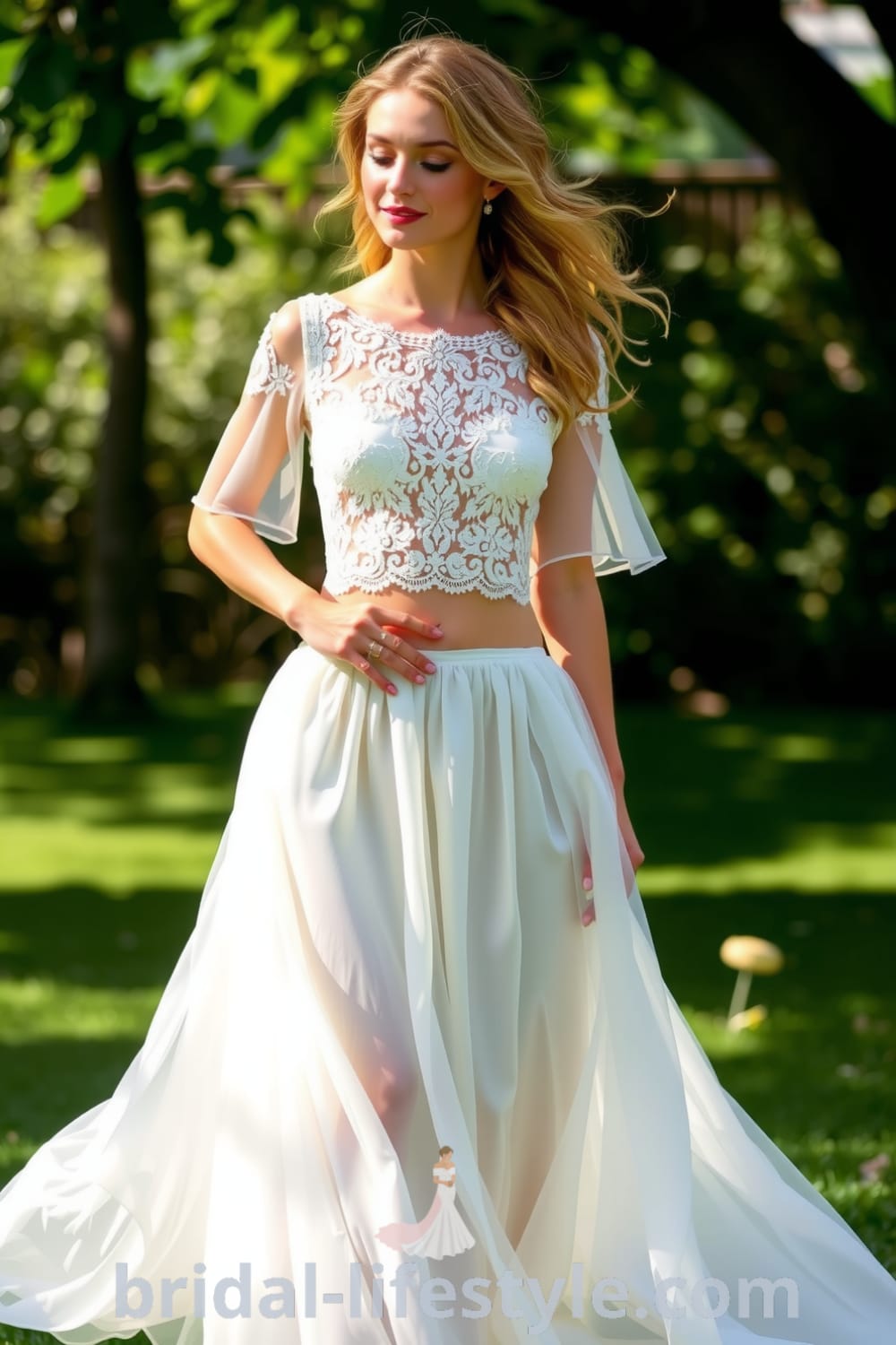 Boho-inspired two-piece bridal dress with a lace crop top, flowing chiffon skirt, and subtle beading at the neckline. bridal-lifestyle.com