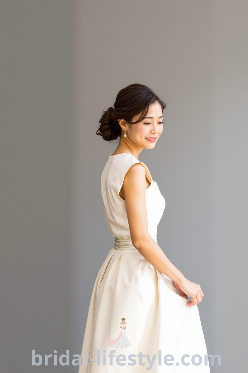Minimalist short wedding dress with A-line silhouette, luxurious satin fabric, boat neckline, and cap sleeves. Elegant design falls above the knee, embodying refined style. bridal-lifestyle.com