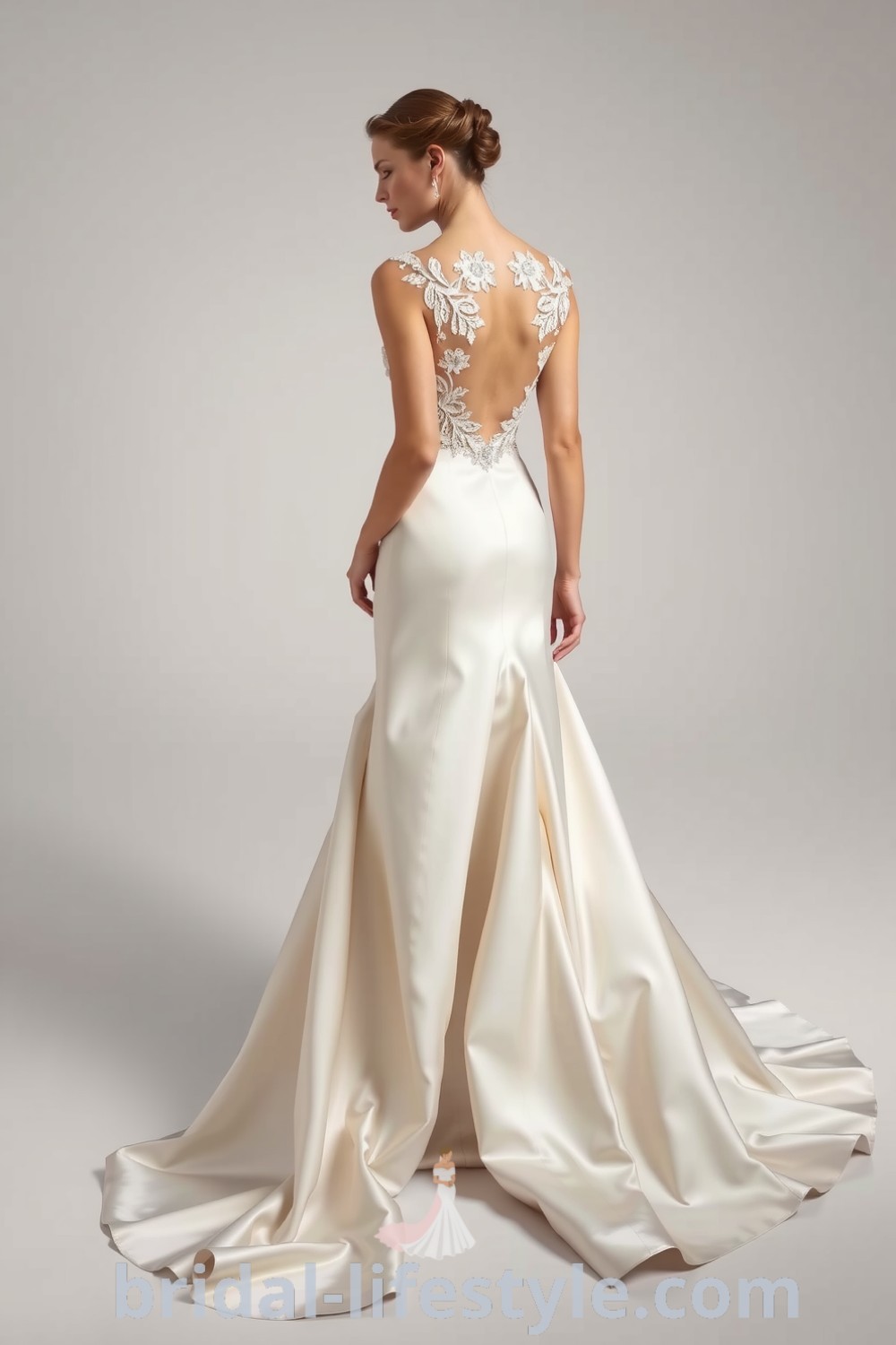 Elegant fit and flare satin wedding dress with embroidered lace appliqués, a sweetheart neckline, and a subtle train, showcasing sophistication and timeless romance for dreamy brides. bridal-lifestyle.com