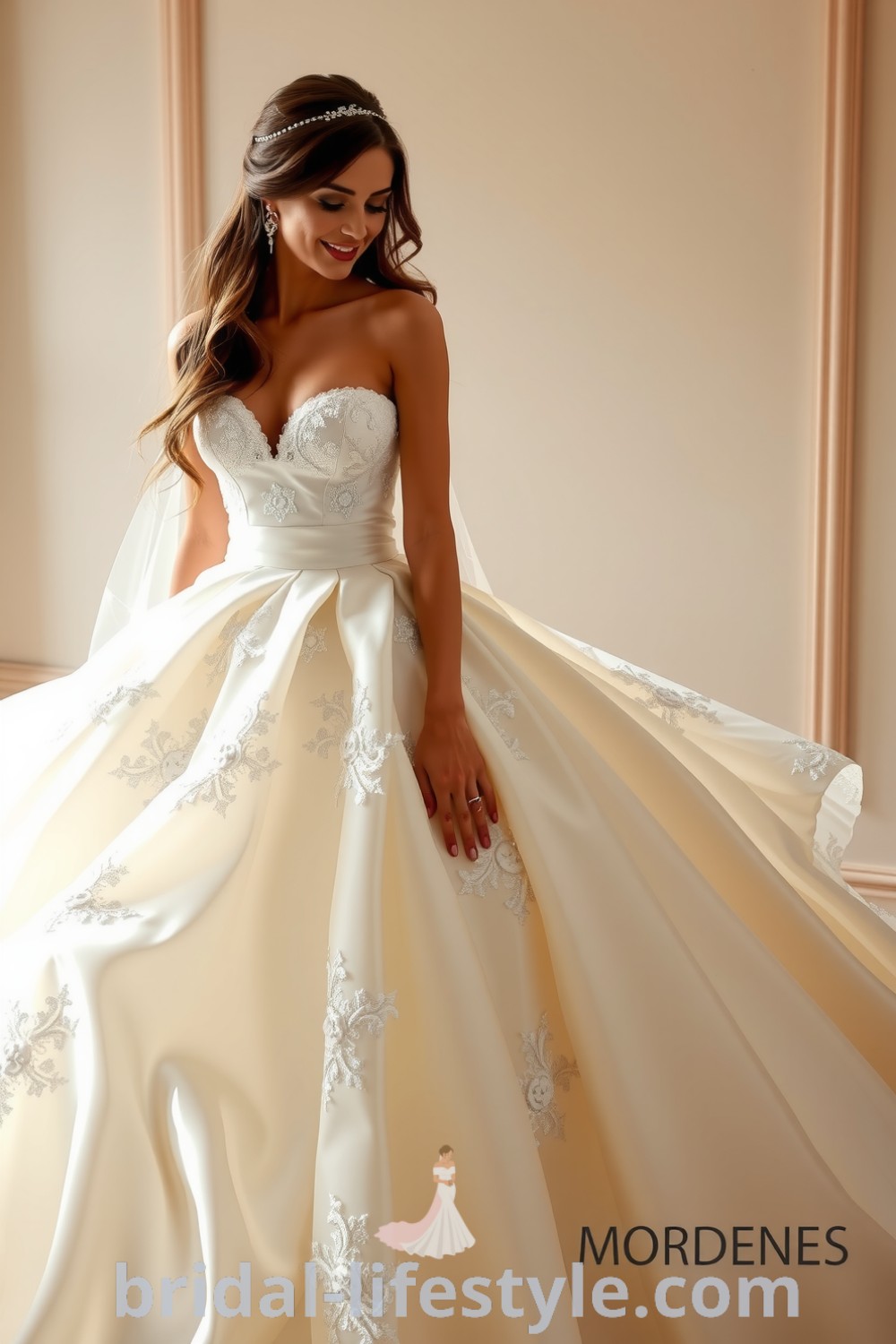 Stunning princess ballgown with soft satin layers and intricate lace appliqués, featuring a sweetheart neckline and flowing skirt, perfect for brides who seek dreamy elegance on their special day. bridal-lifestyle.com