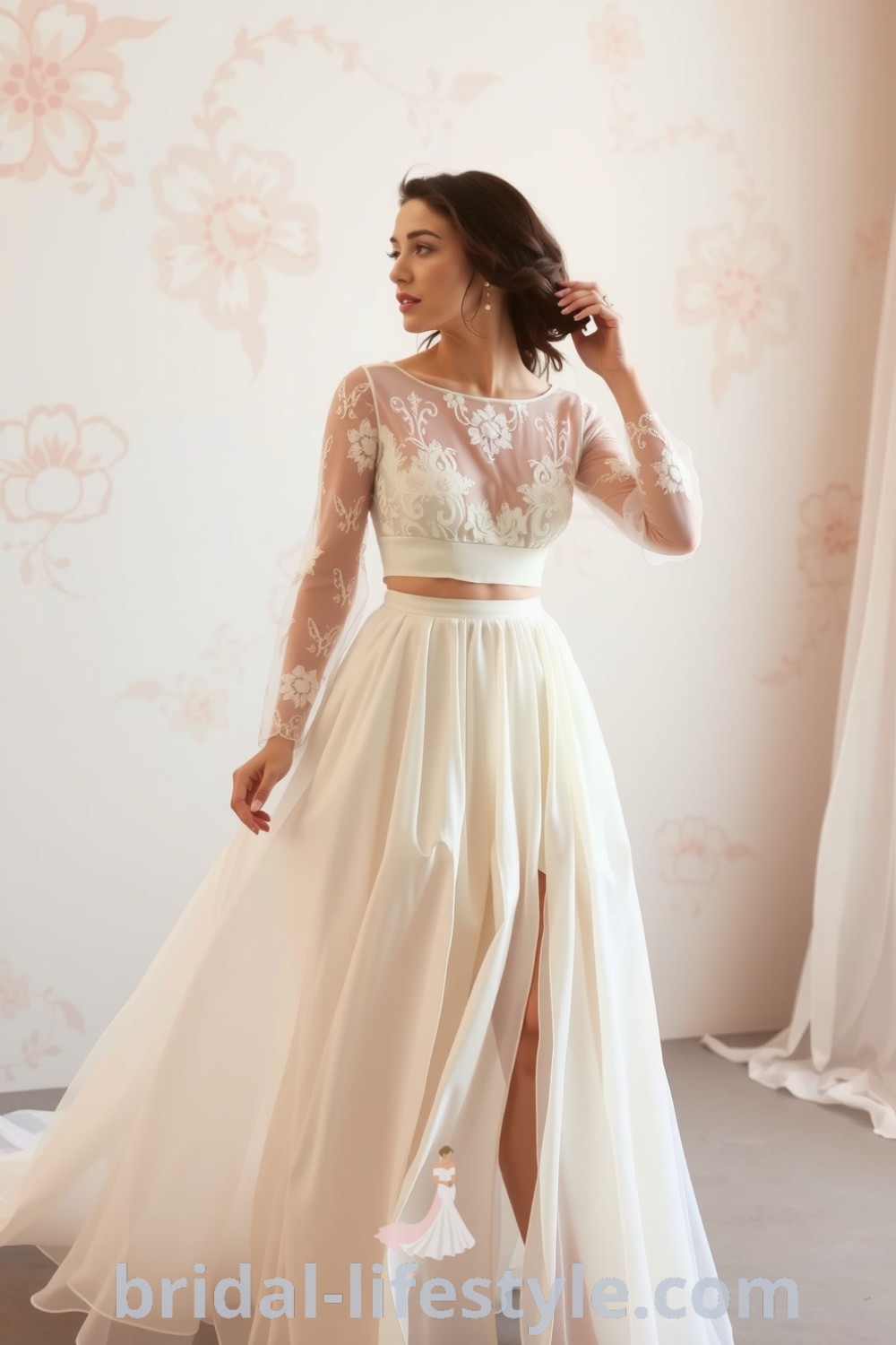 Boho two-piece wedding dress with a lace crop top featuring floral patterns and long sleeves, paired with a flowy chiffon skirt. bridal-lifestyle.com