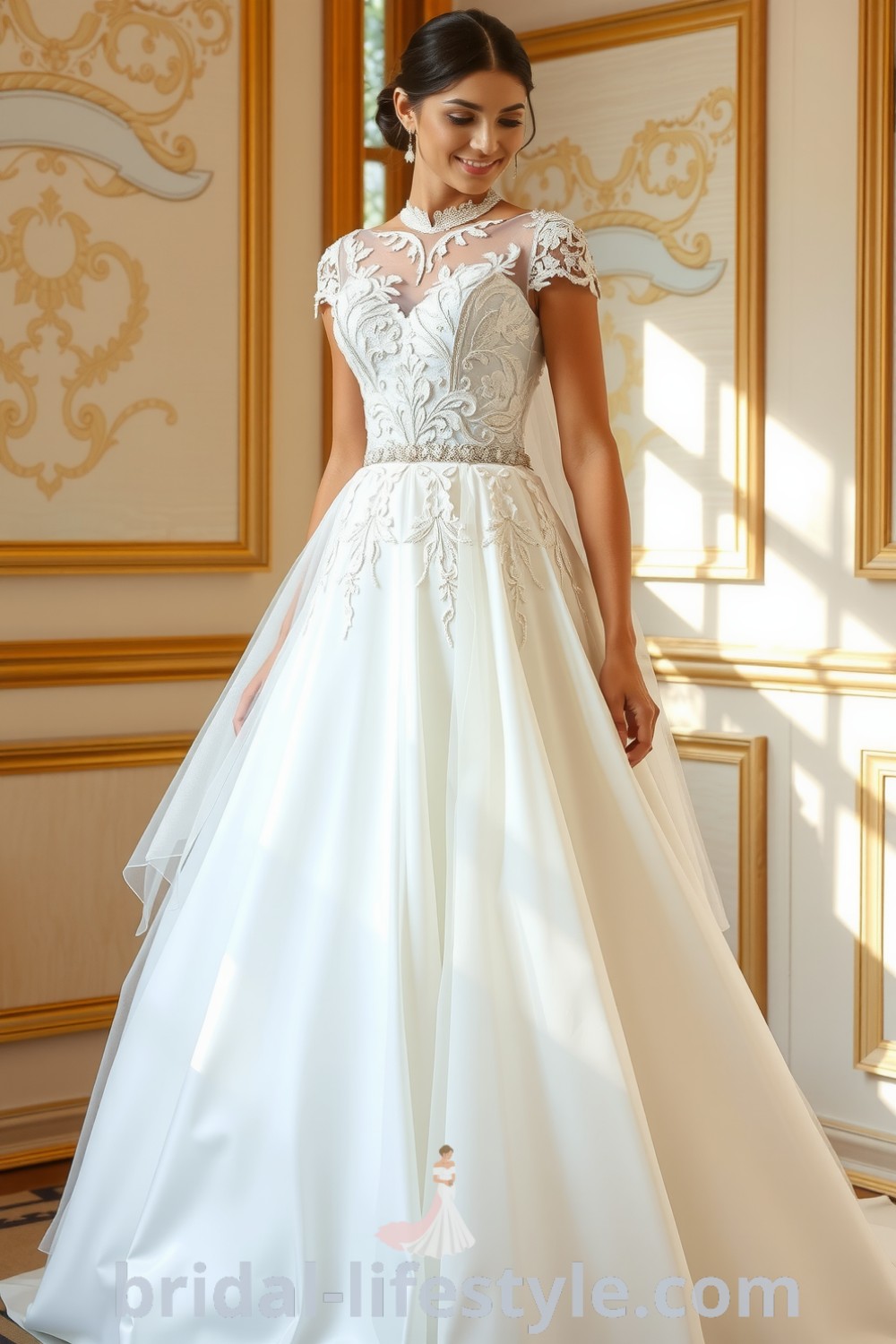 A stunning Princess Classy wedding dress with a fitted lace bodice, intricate beading, and a voluminous A-line skirt made of satin and tulle, perfect for dreamy brides. bridal-lifestyle.com