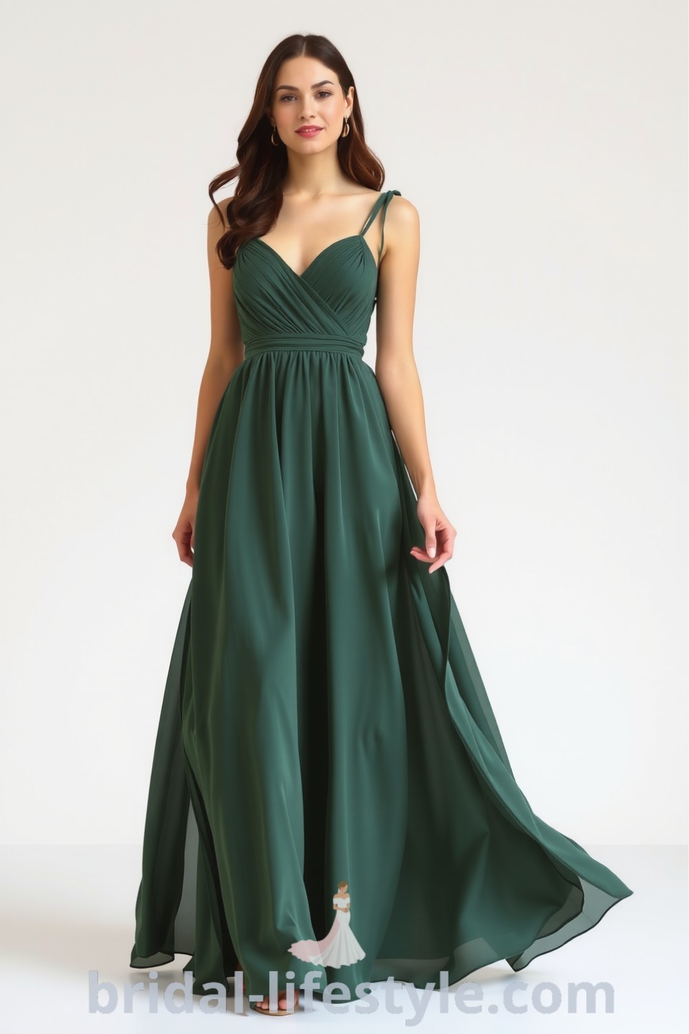 Stunning long chiffon A-line bridesmaid dress in rich green on bridal-lifestyle.com, featuring soft flowing fabric, perfect for dreamy brides and dresses of your dream for the special day.