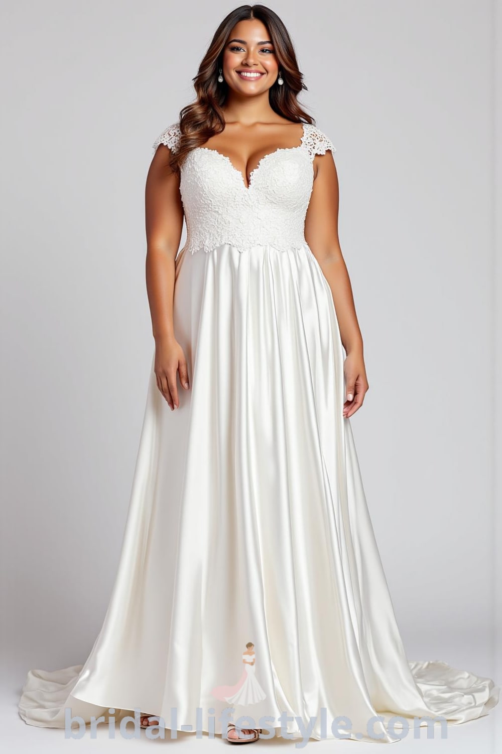 Plus size A-line wedding dress with a flowing satin skirt, sweetheart neckline adorned with lace appliqués, delicate cap sleeves, and hidden zip closure at the back. bridal-lifestyle.com