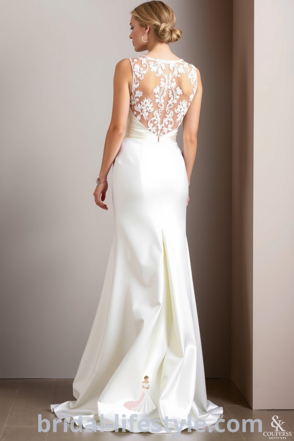 Fit and flare wedding dress made of luxurious satin, featuring an open back with lace trim and a flowing skirt. bridal-lifestyle.com