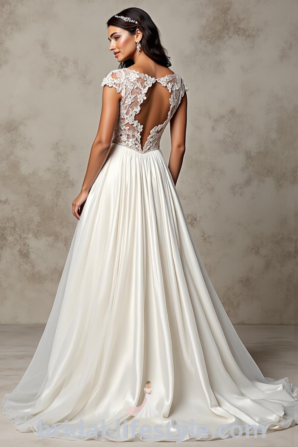 A-line wedding dress with illusion lace bodice, cap sleeves, flowing satin skirt, floral appliqués, keyhole back, and buttons. bridal-lifestyle.com