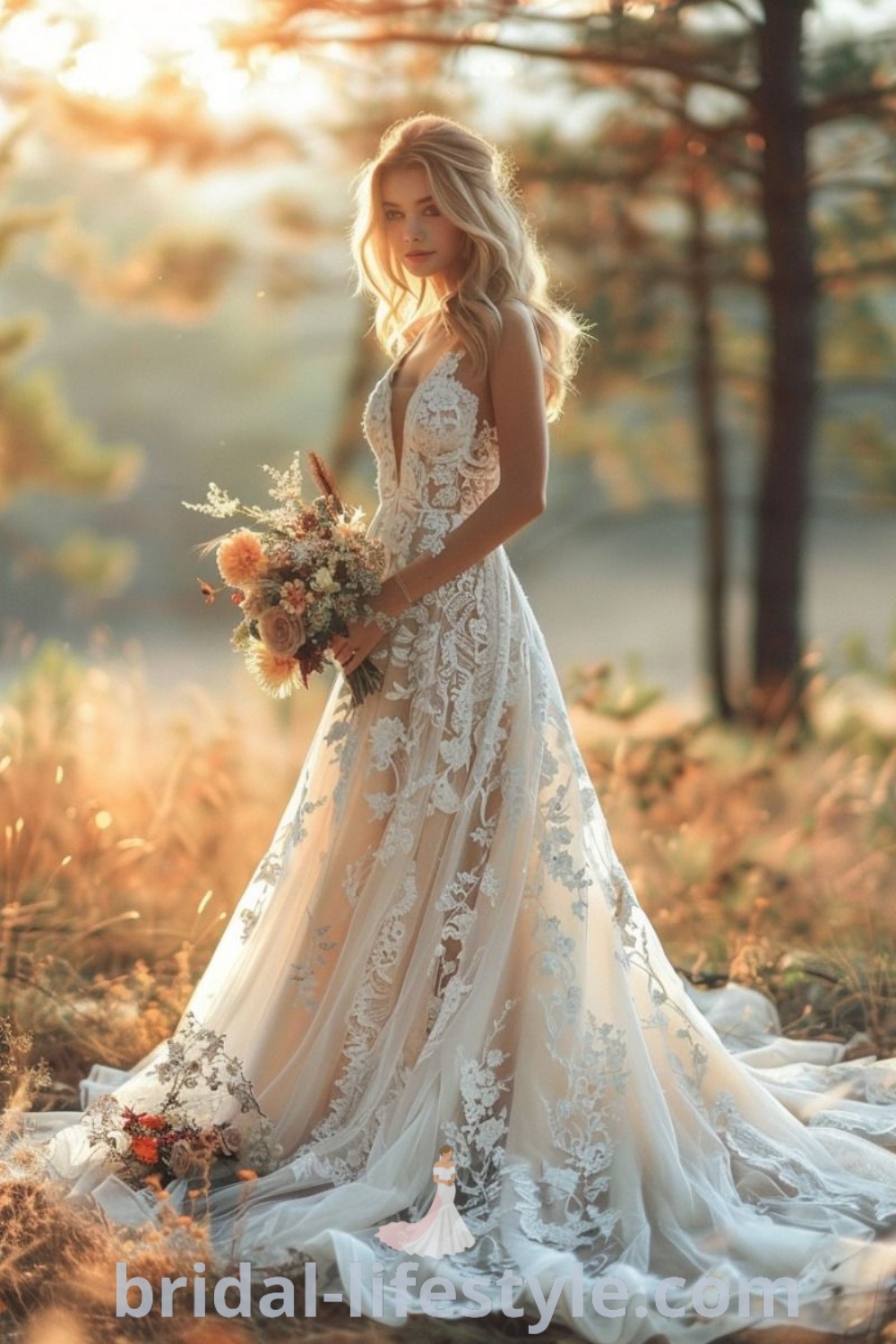 A woman in a Moana wedding dress holding a bouquet, posing gracefully in a forest setting, embodies the enchanting wedding dress theme. This flowy lace gown perfectly suits brides seeking inspiration for forest weddings. Discover more about unique dresses and aesthetic ideas at bridal-lifestyle.com.