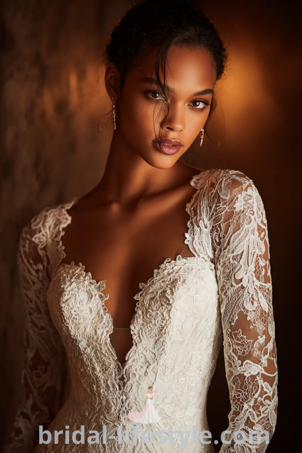 Mermaid lace wedding dress with deep plunge neckline, long lace sleeves, glamourous lace details, romantic silhouette.