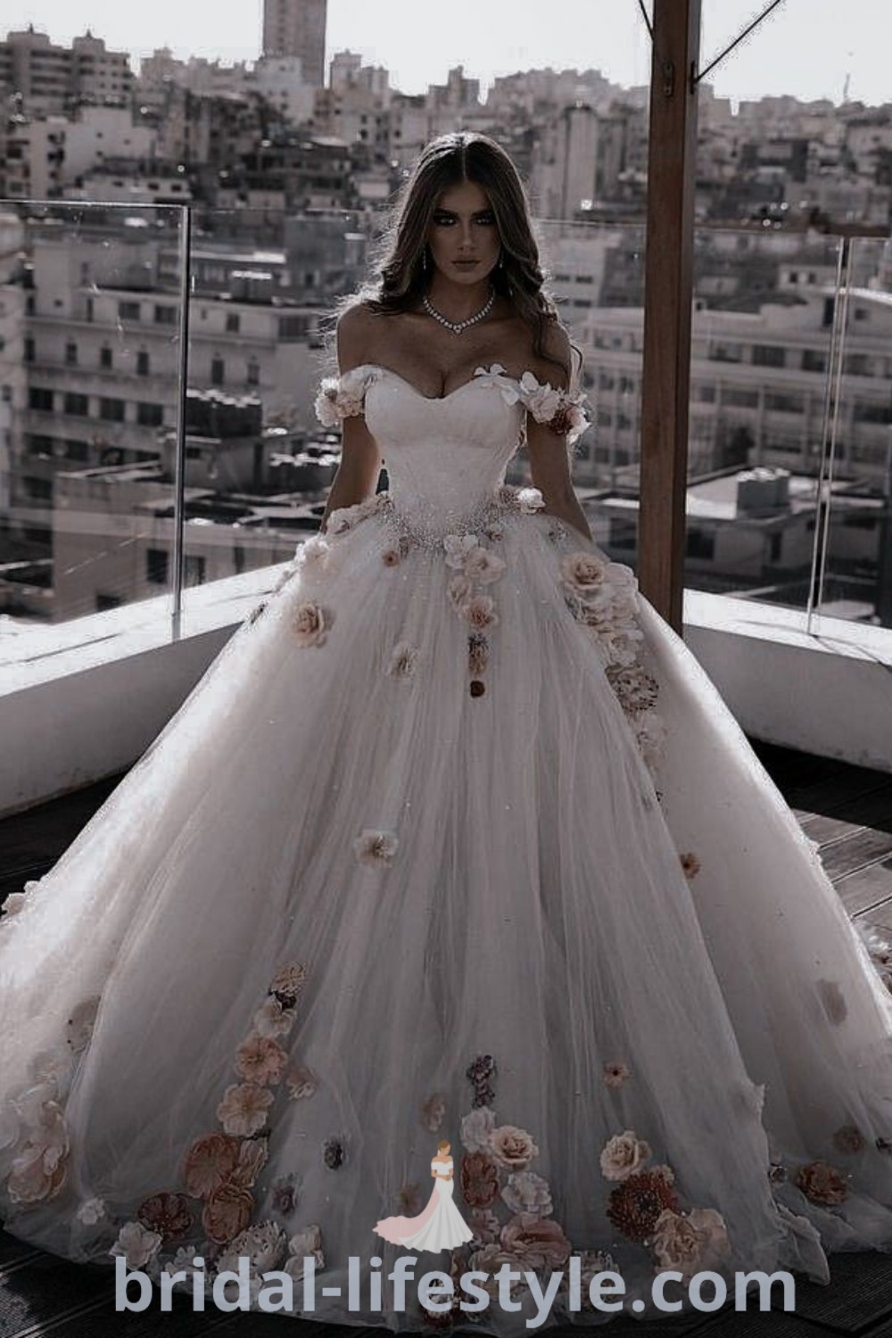 A romantic wedding dress with floral details, perfect for every bride