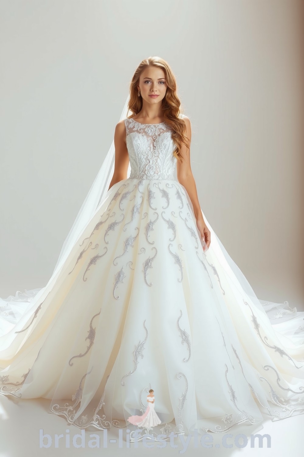 Elegant wedding dress featuring a soft tulle skirt, shimmering sequins, and intricate lace bodice, ideal for dreamy brides seeking inspiration for their special day. bridal-lifestyle.com